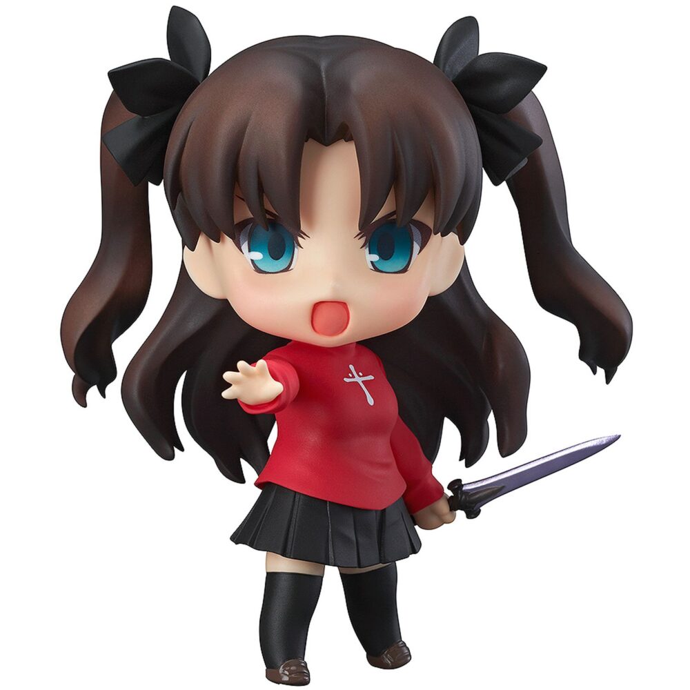 Rin tohsaka fate/stay night nendoroid. Good smile company introduce en su colección nendoroid la figura articulada de la heroína rin tohsaka basada en el videojuego "fate/stay night". La figura incluye 3x placas faciales intercambiables (sonriente, desafiante y avergonzada) que puedes complementar con sus gafas, 1x espada azoth, 1x espada zelretch, 1x efecto de ataque, 1x gafas y 1x base transparente para su exhibición. Mide aproximadamente 10 cm de altura y está fabricada en pvc y abs.