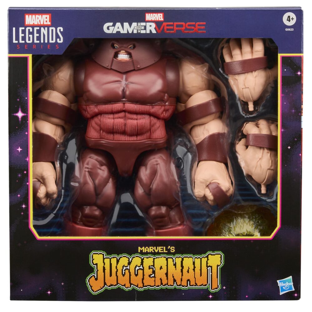 Juggernaut gamerverse marvel legends series. Hasbro incorpora a la línea gamerverse de la colección marvel legends series esta figura articulada de juggernaut basada en su aparición como luchador en la saga de videojuegos "marvel vs capcom". Su altura real alcanza los 22 cm, y ofrece un diseño premium con 20 puntos de articulación que permiten recrear poses dinámicas. Incluye x2 manos alternativas y 1x efecto de golpeo. Se presenta en una caja con ventana con diseño retro. Unidades limitadas.