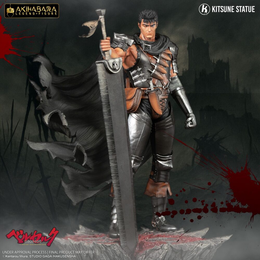 Guts berserk akihabara legend 1/8. Kitsune presenta una nueva estatua de guts. Tiene una altura aproximada de 30 cm a escala 1/8 y pertenece a la colección akihabara legend. Está basada en el protagonista del anime "berserk" y representa a dicho personaje en posición de reposo con la espada matadragones después de la batalla, con una mirada decidida y serena. Destacan las partes metálicas de su armadura y su capa ondeando al viento. Descansa sobre una base que simula un suelo rocoso con una marca de sacrificio de un rojo brillante como la sangre. Está fabricada con pvc a partir del diseño de sacha delon y de la escultura de pierre marie albert.