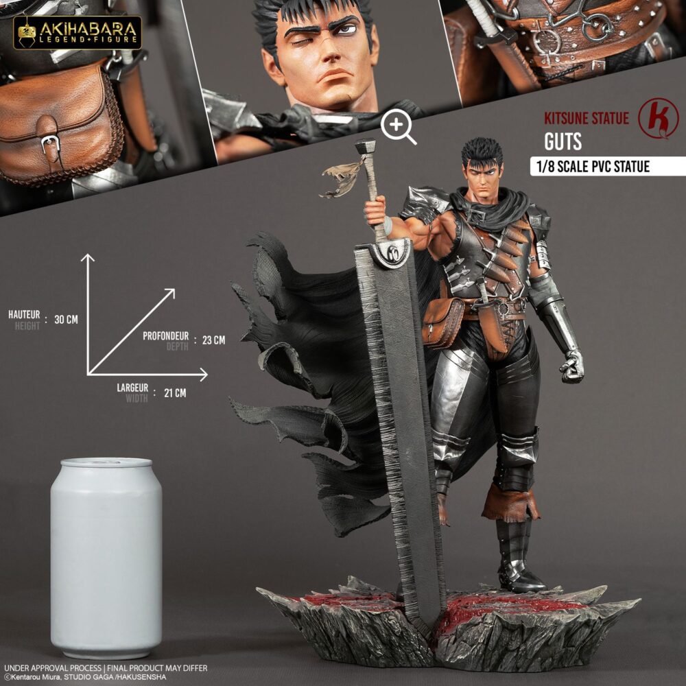 Guts berserk akihabara legend 1/8. Kitsune presenta una nueva estatua de guts. Tiene una altura aproximada de 30 cm a escala 1/8 y pertenece a la colección akihabara legend. Está basada en el protagonista del anime "berserk" y representa a dicho personaje en posición de reposo con la espada matadragones después de la batalla, con una mirada decidida y serena. Destacan las partes metálicas de su armadura y su capa ondeando al viento. Descansa sobre una base que simula un suelo rocoso con una marca de sacrificio de un rojo brillante como la sangre. Está fabricada con pvc a partir del diseño de sacha delon y de la escultura de pierre marie albert.