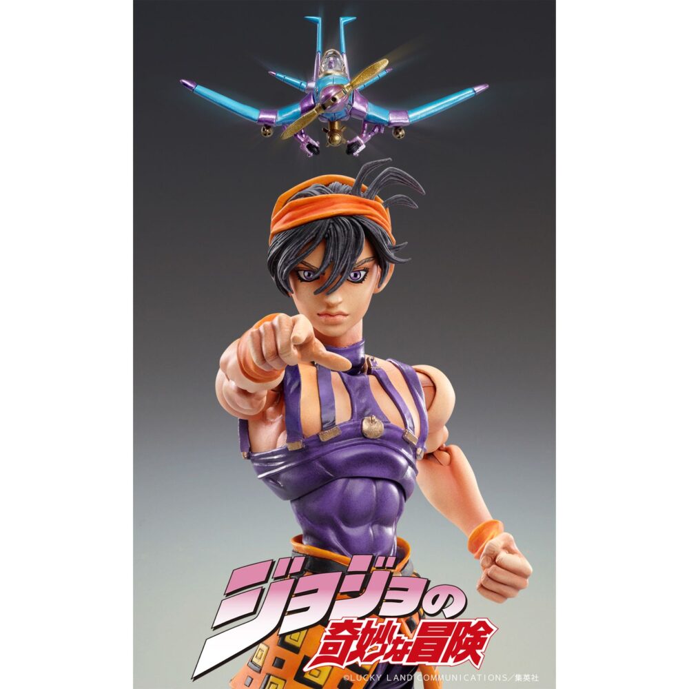 Narancia ghirga & as jojo´s bizarre adventure part 5 chozokado. Medicos entertainment suma a su colección chozokado esta figura articulada de narancia ghirga junto a aerosmith (también conocido como as), su stand con forma de avión de combate. Ambas figuras están inspiradas en su aparición en el anime "jojo's bizarre adventure: golden wind". Narancia mide aproximadamente 14 cm y as 4 cm. Ambas figuras presentan acabados pintados con gran nivel de detalle y múltiples puntos de articulación. Incluyen 8x manos intercambiables, 1x navaja y 1x cuchara para narancia, mientras que aerosmith cuenta con 1x minfigura del piloto smith, 1x efecto de disparos múltiples y 1x hélice adicional. Ambas figuras cuentan con base de exposición y varios accesorios adicionales para recrear diferentes poses.