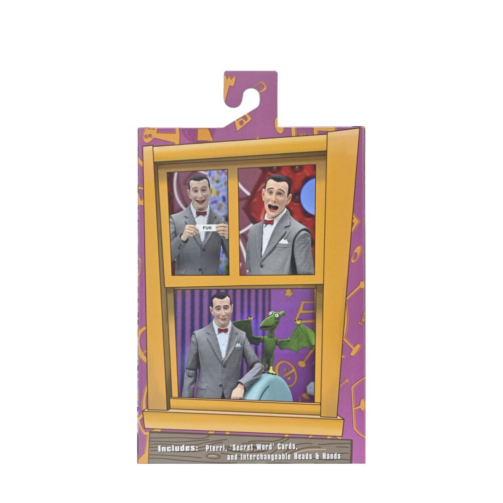 ULTIMATE PEE-WEE HERMAN. Neca lanza la figura articulada Ultimate Pee-wee Herman basada en el programa de televisión "Pee-wee's Playhouse". Esta figura mide 18 cm y presenta a Pee-wee Herman (personaje interpretado por Paul Reubens) con 3x cabezas intercambiables con expresiones icónicas, 4x manos intercambiables, 1x juego de papeles con "la palabra secreta" y 1x figura de Pterri el pterodáctilo. Se presenta en una caja con ventana y tapa frontal abatible.