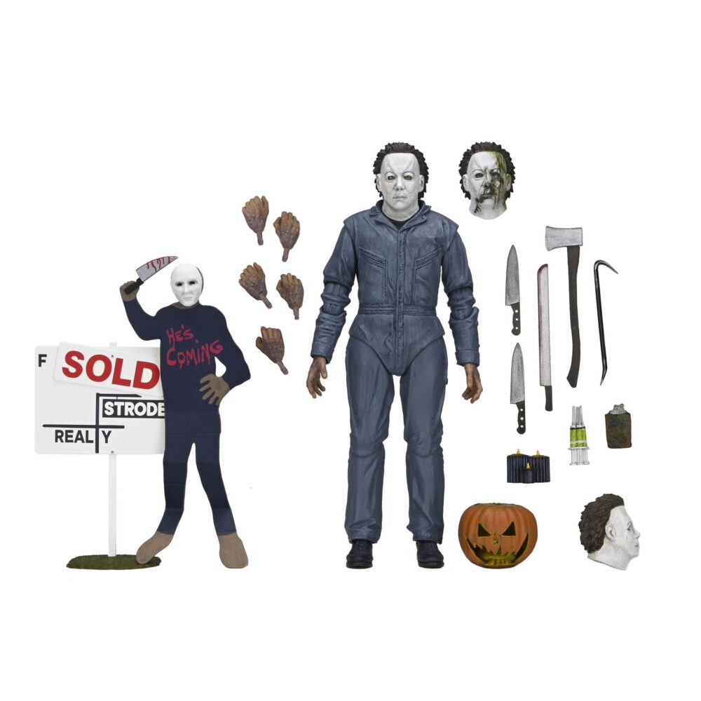 ULTIMATE MICHAEL MYERS HALLOWEEN: THE CURSE OF MICHAEL MYERS. Neca presenta la figura articulada Ultimate Michael Myers basada en la película "Halloween 6: The Curse of Michael Myers" ("Halloween 6: La maldición de Michael Myers" en España). Esta figura mide 18 cm e incluye 2x cabezas intercambiables, 1x máscara removible, 5x manos intercambiables, 1x hacha, 1x machete, 1x palanca, 2x cuchillos de cocina, 1x bolsa de runas, 4x velas de sacrificio, 1x conjunto de jeringas, 1x calabaza y 1x cartel de Strode Realty con la silueta de Michael Myers. Se presenta en una caja con ventana y tapa frontal abatible.
