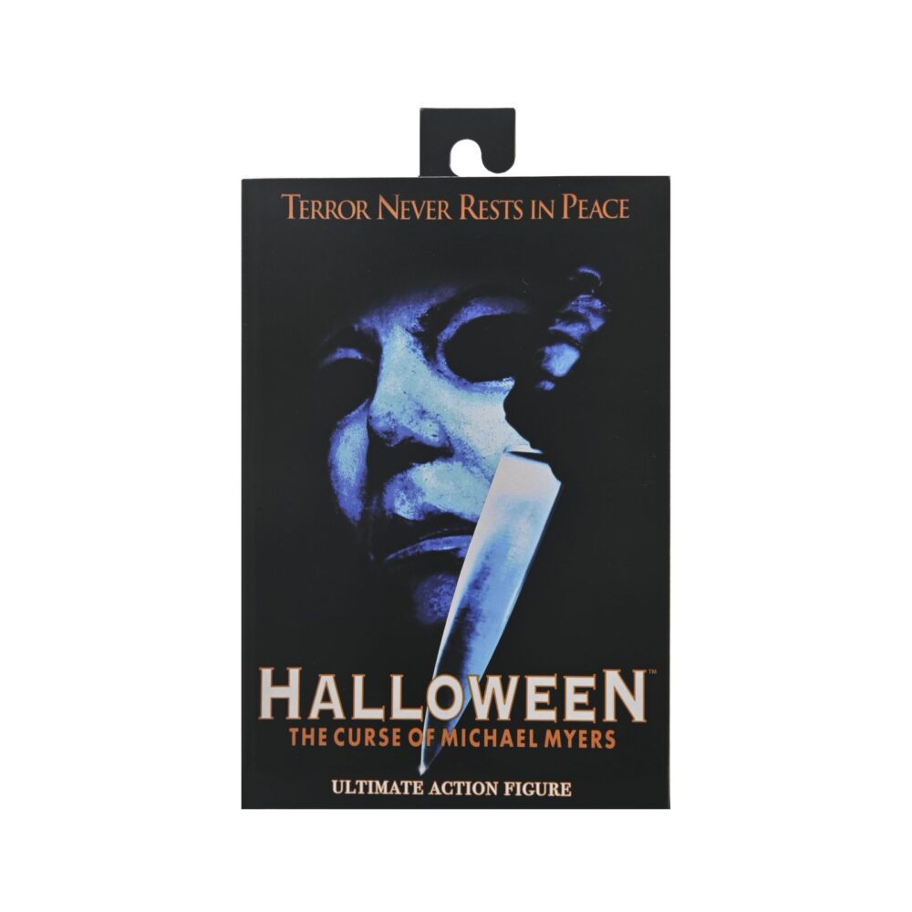 Ultimate michael myers halloween: the curse of michael myers. Neca presenta la figura articulada ultimate michael myers basada en la película "halloween 6: the curse of michael myers" ("halloween 6: la maldición de michael myers" en españa). Esta figura mide 18 cm e incluye 2x cabezas intercambiables, 1x máscara removible, 5x manos intercambiables, 1x hacha, 1x machete, 1x palanca, 2x cuchillos de cocina, 1x bolsa de runas, 4x velas de sacrificio, 1x conjunto de jeringas, 1x calabaza y 1x cartel de strode realty con la silueta de michael myers. Se presenta en una caja con ventana y tapa frontal abatible.