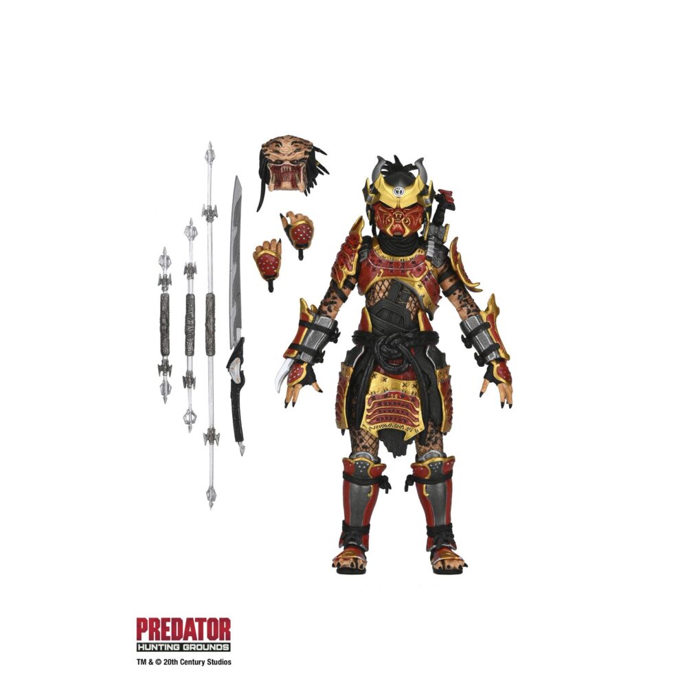 Ultimate samurai predator predator: hunting grounds. Del exitoso videojuego de 2020 predator: ¡hunting grounds! Samurai predator era un yautja legendario que antaño cazaba a los hábiles guerreros que protegían el japón feudal. Para honrar a sus presas, decoró su armadura y su máscara para parecerse a ellos y empuñó sus armas. Esta figura de acción ultimate samurai predator a escala de 7 pulgadas de neca está equipada con cabezas intercambiables con y sin máscara, katana, combisticks plegados y extendidos, plasmacaster articulado y manos intercambiables. Se presenta en una caja con ventana apta para coleccionistas con solapa frontal abatible.