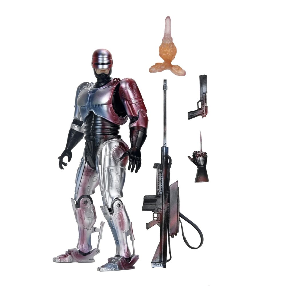 Ultimate robocop poster series. Neca introduce en su línea ultimate esta figura articulada de robocop, inspirada en el póster original de la película homónima de 1987.   mitad hombre. Mitad máquina. ¡pura policía! Neca se enorgullece de presentar la primera figura de acción de su nueva línea de figuras de acción poster series: una nueva figura de robocop basada en el clásico de culto. Esta figura articulada de 18 cm rinde homenaje al famoso póster de robocop de 1987, con una decoración especial que recrea el icónico arte del póster. Combate a criminales y droides renegados con una variedad de accesorios, como la pistola auto-9, la mano con pico de datos intercambiable, el cañón de asalto cobra y el efecto de disparo de pistola. Viene en una caja con ventana ideal para coleccionistas.