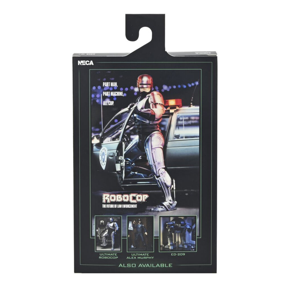 Ultimate robocop poster series. Neca introduce en su línea ultimate esta figura articulada de robocop, inspirada en el póster original de la película homónima de 1987.   mitad hombre. Mitad máquina. ¡pura policía! Neca se enorgullece de presentar la primera figura de acción de su nueva línea de figuras de acción poster series: una nueva figura de robocop basada en el clásico de culto. Esta figura articulada de 18 cm rinde homenaje al famoso póster de robocop de 1987, con una decoración especial que recrea el icónico arte del póster. Combate a criminales y droides renegados con una variedad de accesorios, como la pistola auto-9, la mano con pico de datos intercambiable, el cañón de asalto cobra y el efecto de disparo de pistola. Viene en una caja con ventana ideal para coleccionistas.