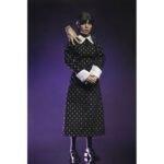 WEDNESDAY ADDAMS CLOTHED CLASSIC DRESS. Neca presenta la figura articulada de 20 cm de Wednesday Addams (conocida como Miércoles Addams en España), basada en su icónica aparición con vestido clásico en la serie de Netflix "Wednesday". La figura pertenece a la línea Clothed Action y está vestida con ropa de tela. Totalmente articulada, permite múltiples poses. Incluye 1x libro de Frankenstein, 2x set de manos intercambiables y 1x figura de Cosa.