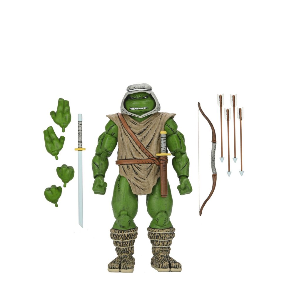 HUNTER LEO TEENAGE MUTANT NINJA TURTLES MIRAGE COMICS. Neca presenta la figura articulada Hunter Leo basada en los cómics originales de "Teenage Mutant Ninja Turtles"  de Mirage Studios. Esta figura mide 18 cm e incluye 1x arco, 1x carcaj para sus armas, 3x flechas, 1x espada, 4x manos intercambiables y 1x cuchillo. Se presenta en una caja con ventana con ilustraciones de Kevin Eastman.