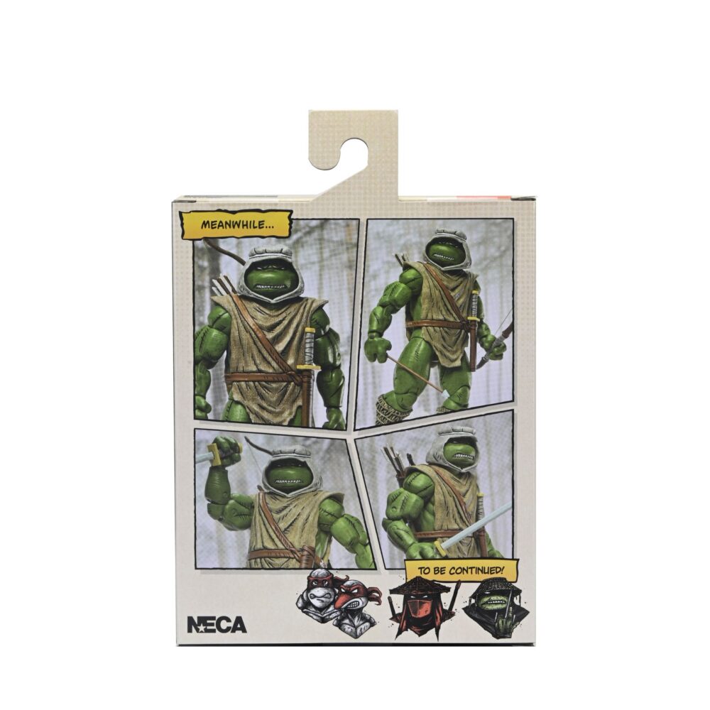 Hunter leo teenage mutant ninja turtles mirage comics. Neca presenta la figura articulada hunter leo basada en los cómics originales de "teenage mutant ninja turtles"  de mirage studios. Esta figura mide 18 cm e incluye 1x arco, 1x carcaj para sus armas, 3x flechas, 1x espada, 4x manos intercambiables y 1x cuchillo. Se presenta en una caja con ventana con ilustraciones de kevin eastman.