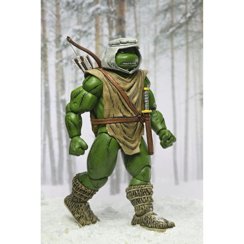 Hunter leo teenage mutant ninja turtles mirage comics. Neca presenta la figura articulada hunter leo basada en los cómics originales de "teenage mutant ninja turtles"  de mirage studios. Esta figura mide 18 cm e incluye 1x arco, 1x carcaj para sus armas, 3x flechas, 1x espada, 4x manos intercambiables y 1x cuchillo. Se presenta en una caja con ventana con ilustraciones de kevin eastman.