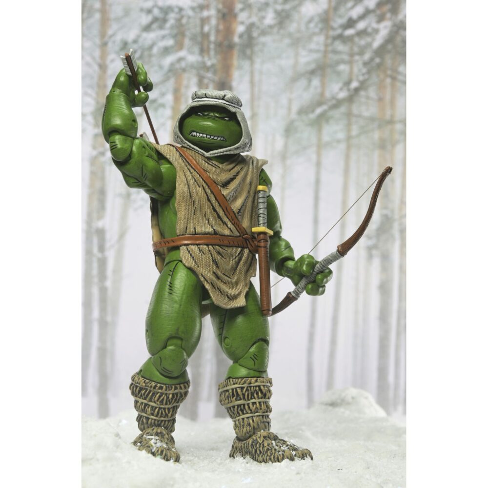 Hunter leo teenage mutant ninja turtles mirage comics. Neca presenta la figura articulada hunter leo basada en los cómics originales de "teenage mutant ninja turtles"  de mirage studios. Esta figura mide 18 cm e incluye 1x arco, 1x carcaj para sus armas, 3x flechas, 1x espada, 4x manos intercambiables y 1x cuchillo. Se presenta en una caja con ventana con ilustraciones de kevin eastman.