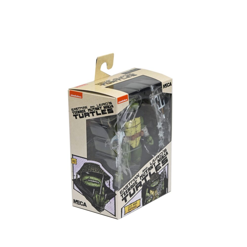 Old man raphael teenage mutant ninja turtles mirage comics. Neca suma a su colección la figura articulada old man raphael, inspirada en la historia corta "puma blues" de los cómics originales de "teenage mutant ninja turtles" de mirage studios. Esta figura mide 18 cm e incluye 1x capa de tela, 1x sombrero removible, 4x manos intercambiables, 1x par de sai gemelos y otros accesorios exclusivos para recrear diferentes poses. Se presenta en una caja con ventana con ilustraciones de kevin eastman.