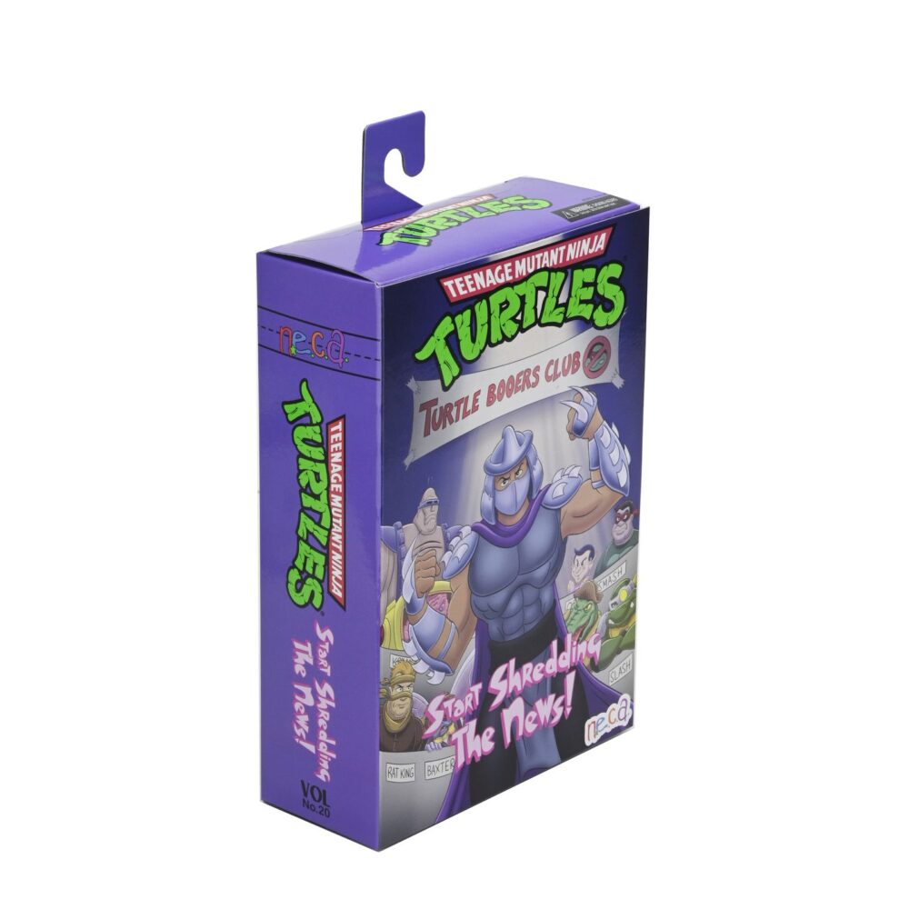 Ultimate shredder (classic colors) teenage mutant ninja turtles cartoon. Neca presenta la figura con colores clásicos de ultimate shredder, basada en la serie de televisión de los años 80 "teenage mutant ninja turtles". Esta figura mide 18 cm e incluye 2x cabezas intercambiables, 4x manos extras, 1x disquete, 1x arma, 1x collar, 1x paquete de billetes, 1x marco de foto y accesorios inspirados en episodios. Se presenta en una caja con ventana y tapa frontal abatible.