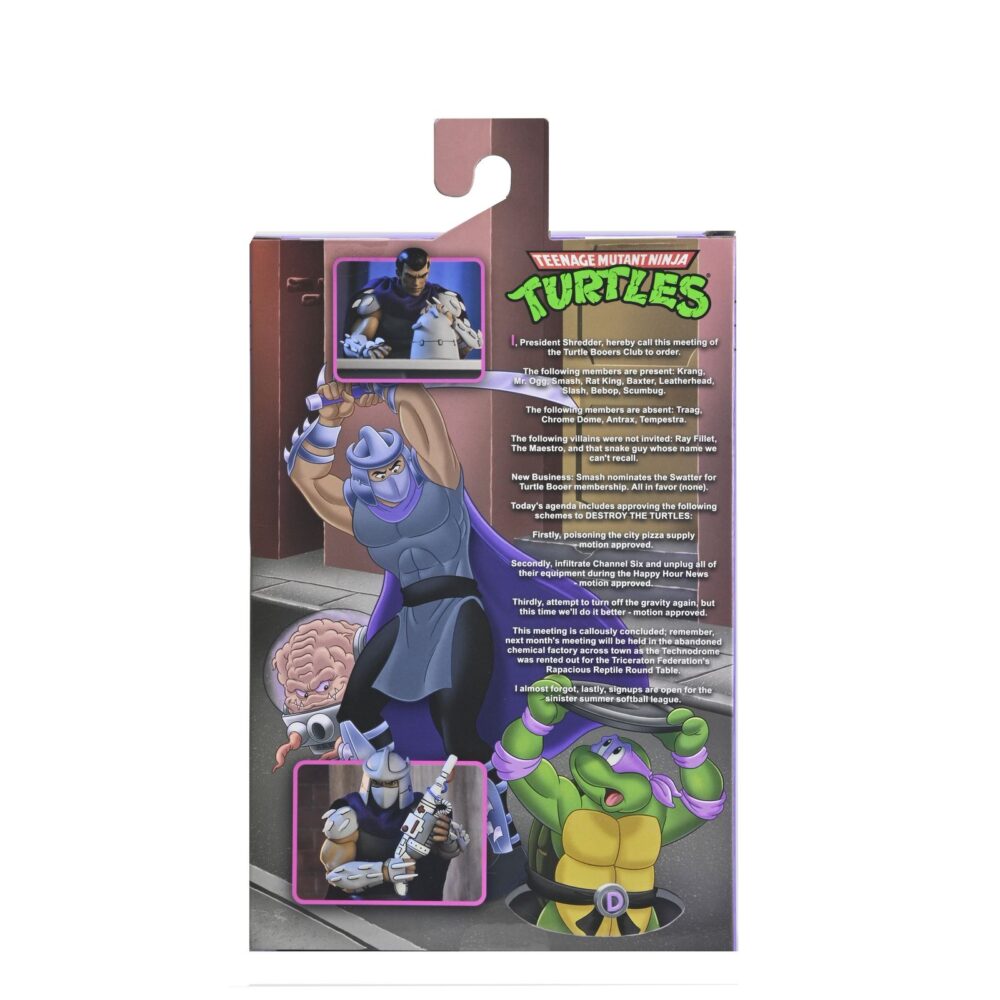 Ultimate shredder (classic colors) teenage mutant ninja turtles cartoon. Neca presenta la figura con colores clásicos de ultimate shredder, basada en la serie de televisión de los años 80 "teenage mutant ninja turtles". Esta figura mide 18 cm e incluye 2x cabezas intercambiables, 4x manos extras, 1x disquete, 1x arma, 1x collar, 1x paquete de billetes, 1x marco de foto y accesorios inspirados en episodios. Se presenta en una caja con ventana y tapa frontal abatible.