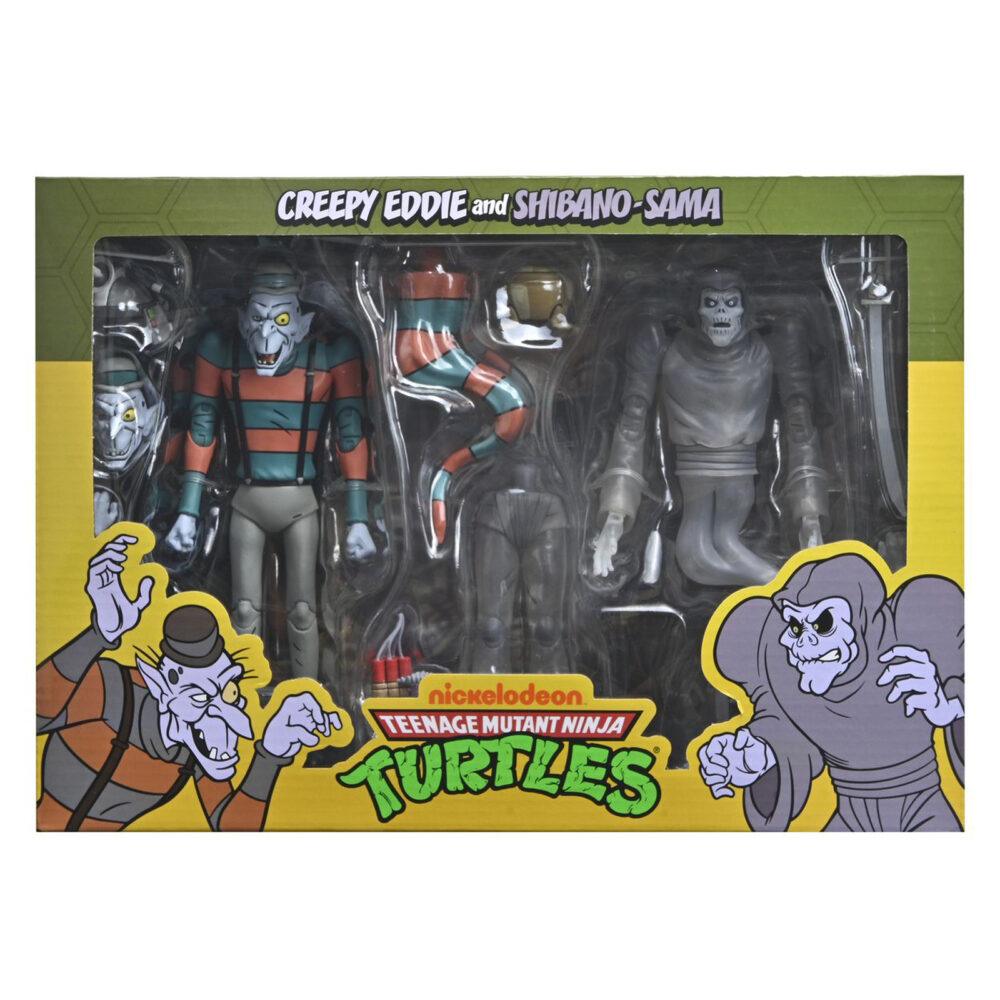 Creepy eddie and shibano-sama teenage mutant ninja turtles cartoon. Neca incorpora a su catálogo este set de figuras articuladas de creepy eddie y shibano-sama, basado en el cómic "teenage mutant ninja turtles: saturday morning adventures". Ambas figuras tienen 18 cm de altura e incluyen 6x pares de manos intercambiables, 1x katana, 2x partes inferiores fantasmales, 1x par de tirantes removibles de creepy eddie, 1x casco dream-o-vision (compatible con la mayoría de las figuras de esta colección), y otros accesorios. El set incorpora una base de exposición con brazo articulado oficial de neca. Presentado en una caja ilustrada con ventana.