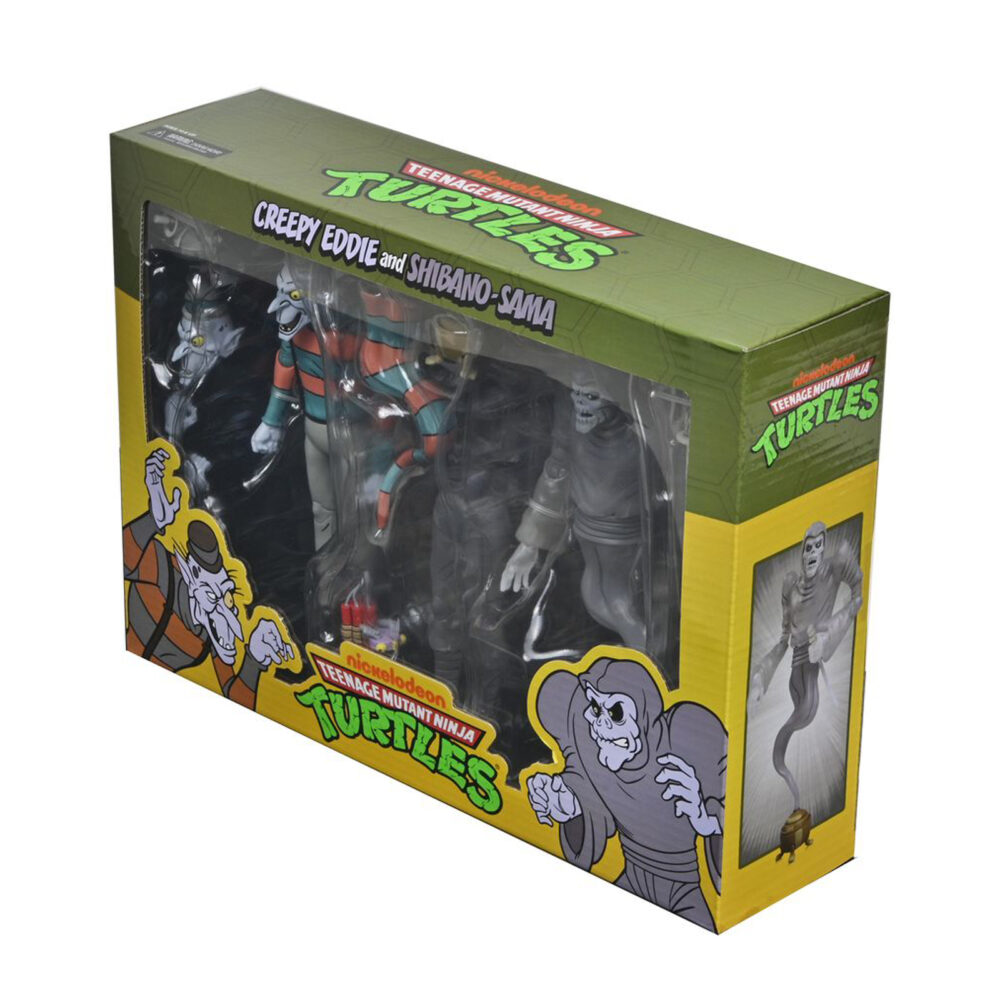 Creepy eddie and shibano-sama teenage mutant ninja turtles cartoon. Neca incorpora a su catálogo este set de figuras articuladas de creepy eddie y shibano-sama, basado en el cómic "teenage mutant ninja turtles: saturday morning adventures". Ambas figuras tienen 18 cm de altura e incluyen 6x pares de manos intercambiables, 1x katana, 2x partes inferiores fantasmales, 1x par de tirantes removibles de creepy eddie, 1x casco dream-o-vision (compatible con la mayoría de las figuras de esta colección), y otros accesorios. El set incorpora una base de exposición con brazo articulado oficial de neca. Presentado en una caja ilustrada con ventana.