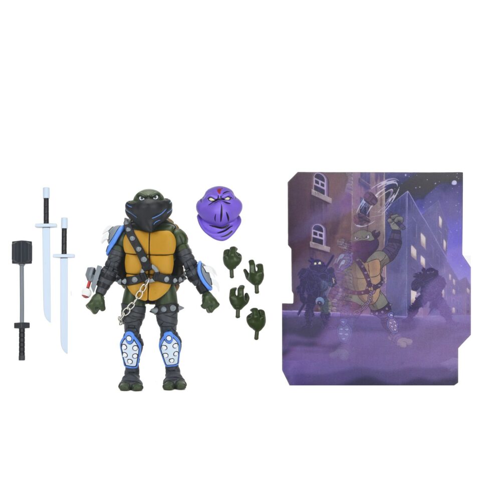 Ultimate dark leo teenage mutant ninja turtles cartoon. Neca suma a su colección la figura articulada ultimate dark leo, la versión oscura de leonardo tras cruzar el portal de donatello y caer bajo el control de shredder. Basada en el número 20 del cómic "teenage mutant ninja turtles: saturday morning adventures", esta figura viene con varios accesorios: 2x espadas, 1x maza, 4x manos intercambiables, 1x máscara de control mental compatible con otras figuras (se venden por separado) y 1x lámina hoolográfica para recrear el portal. Mide aproximadamente 18 cm y se presenta en una caja ilustrada con ventana y tapa abatible.