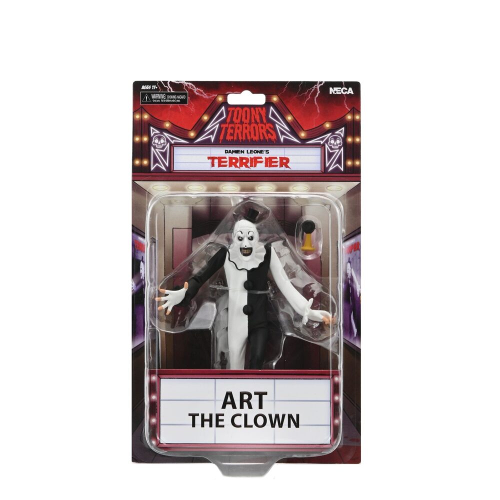 Terrifier art the clown toony tettors. Neca presenta dentro de su línea toony terrors esta figura de estilo animado de art the clown, el villano silencioso de la película "terrifier". Con una altura aproximada de 15 cm, esta versión caricaturizada incluye su icónica bocina de payaso. Se presenta en blíster con fondo recortable, ideal para exhibiciones con estilo retro.