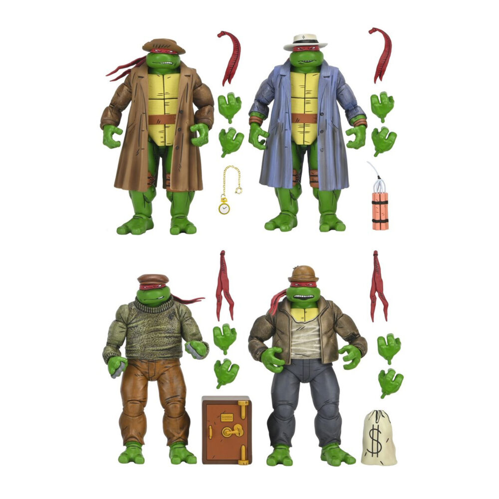 Gangster turtles teenage mutant ninja turtles mirage comics. Neca presenta el pack exclusivo de 4 figuras articuladas de las gangster turtles, basado en el número 14 del cómic original "teenage mutant ninja turtles" publicado por mirage studios. El set está compuesto por las figuras de 18 cm de altura de leonardo, donatello, raphael y michelangelo, con nuevas expresiones compatibles con packs anteriores. Incluye 4x pares de manos intercambiables, 4x sombreros, 4x cintas colgantes para los antifaces, 1x reloj de bolsillo, 1x cartuchos de dinamita, 1x caja fuerte y 1x bolsa de dinero. Cada figura cuenta con detalles inspirados en dicho cómic y se presentan en una caja con ventana y solapa, con ilustraciones originales de kevin eastman.