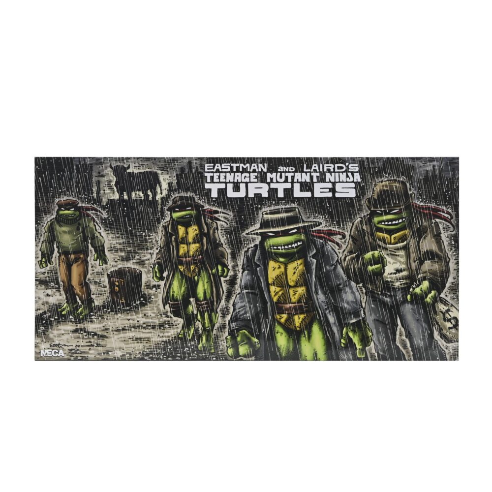 Gangster turtles teenage mutant ninja turtles mirage comics. Neca presenta el pack exclusivo de 4 figuras articuladas de las gangster turtles, basado en el número 14 del cómic original "teenage mutant ninja turtles" publicado por mirage studios. El set está compuesto por las figuras de 18 cm de altura de leonardo, donatello, raphael y michelangelo, con nuevas expresiones compatibles con packs anteriores. Incluye 4x pares de manos intercambiables, 4x sombreros, 4x cintas colgantes para los antifaces, 1x reloj de bolsillo, 1x cartuchos de dinamita, 1x caja fuerte y 1x bolsa de dinero. Cada figura cuenta con detalles inspirados en dicho cómic y se presentan en una caja con ventana y solapa, con ilustraciones originales de kevin eastman.