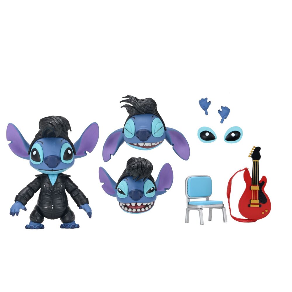 Ultimate singer elvis stitch lilo & stitch. ¿estás listo para el rock? La colección disney stitch inspired by elvis es la forma perfecta de celebrar a disney stitch y mostrar tu amor por la legendaria estrella del rock elvis presley. Estas creaciones con licencia oficial que presentan a disney stitch vestido de elvis seguro que añaden un poco de encanto rock 'n' roll y nostalgia a tu colección. Tu ohana de figuritas no estará completa sin esta figurita de elvis cantante definitivo de neca. Vestida con un traje de cuero negro como el que llevaba elvis, esta figura articulada de disney stitch mide más de 5 cm y está lista para dar un espectáculo que nunca olvidarás. Los accesorios incluyen cabezas, manos, pelo y ojos intercambiables, además de una guitarra y una silla. Viene en un embalaje apto para coleccionistas.