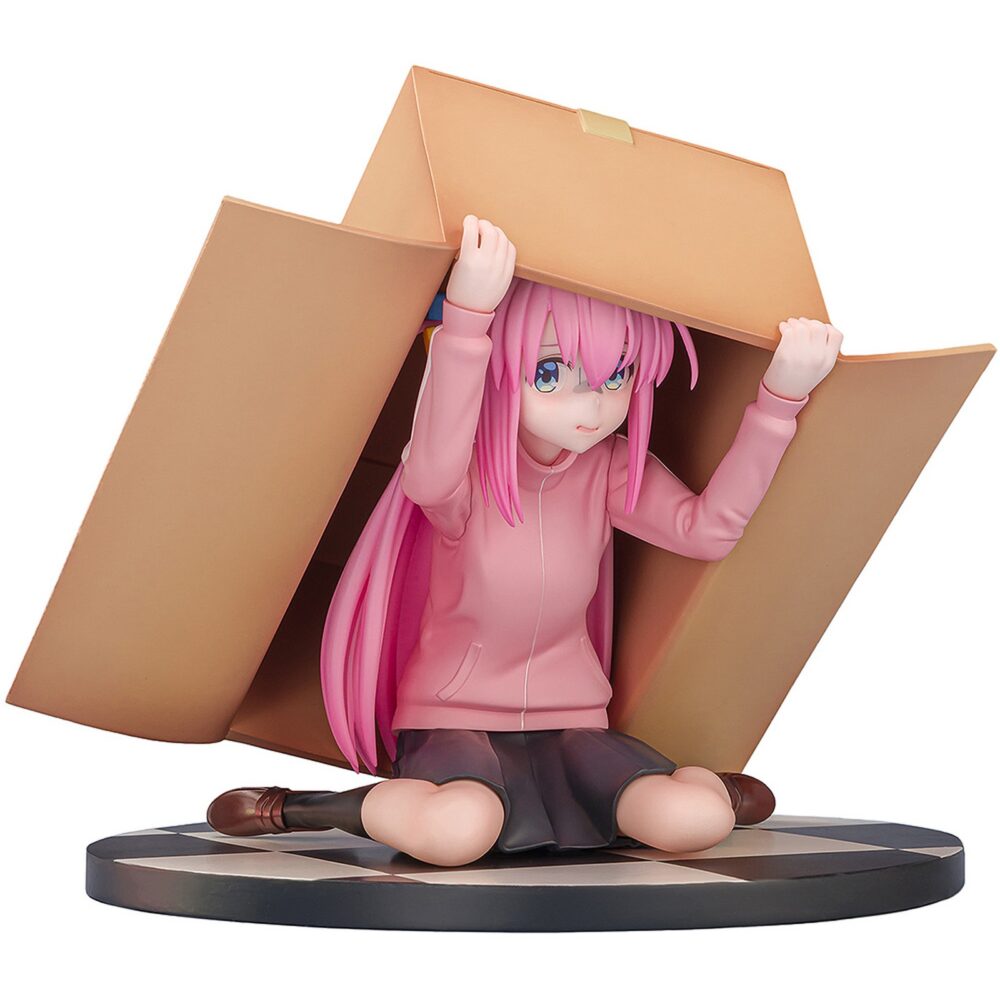 Hitori gotoh bocchi the rock 1/7. Del anime "bocchi the rock! " llega la estatua de hitori gotoh al catálogo de proof. Mide 16 cm a escala 1/7. Se muestra a hitori escondida dentro de una caja, sobre una base circular a cuadros blancos y negros. Fabricada en pvc y abs.