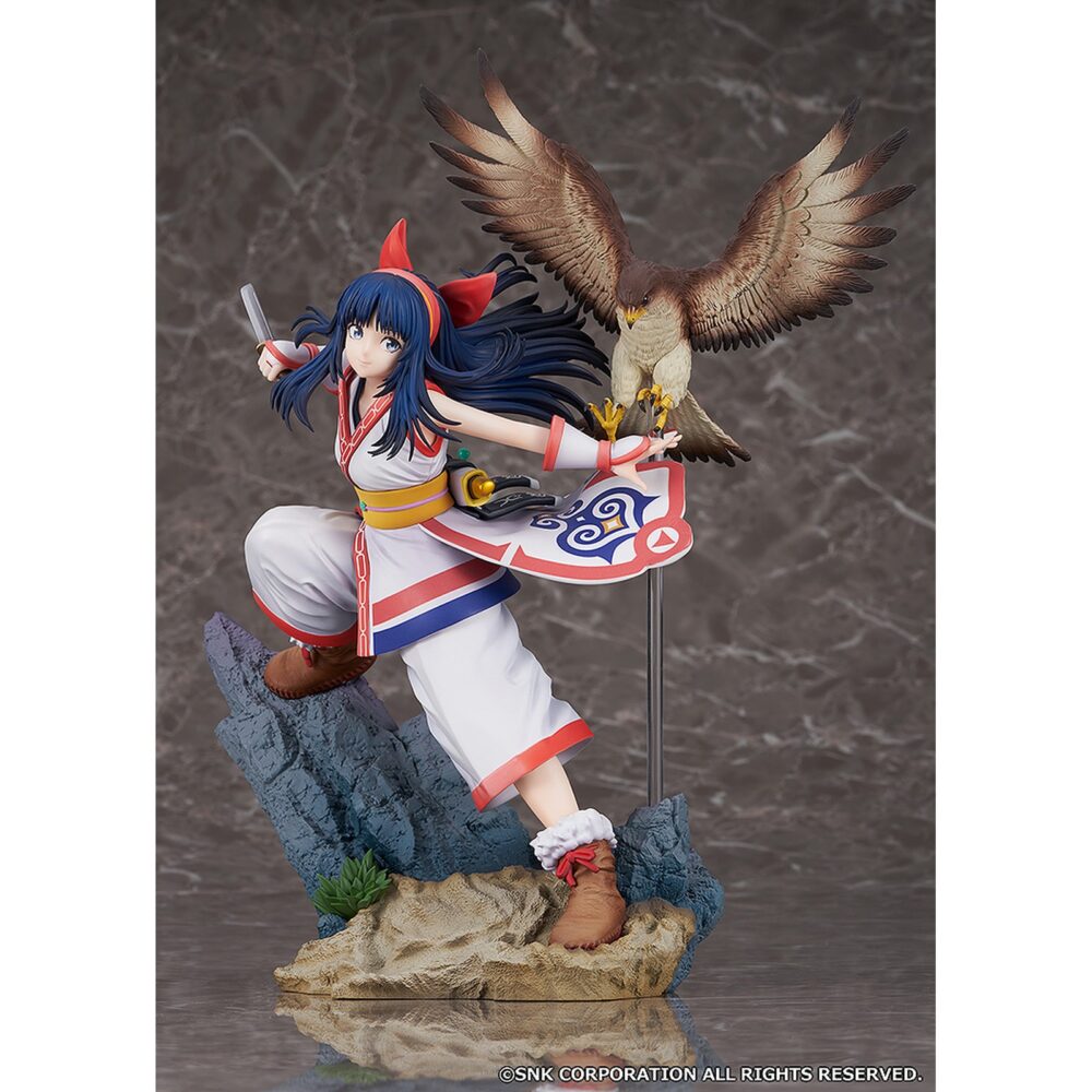 Nakoruru samurai spirits 1/7. Proof presenta la estatua de nakoruru basada en dicha luchadora de la saga "samurai shodown", concretamente en el aspecto que luce en el videojuego de 2019. Tiene una altura de 29,5 cm a escala 1/7. La guerrera kamubi se muestra blandiendo su espada, chichi-ushi, sobre una base rocosa junto a su compañero halcón mamahaha. Está fabricada en pvc y abs.