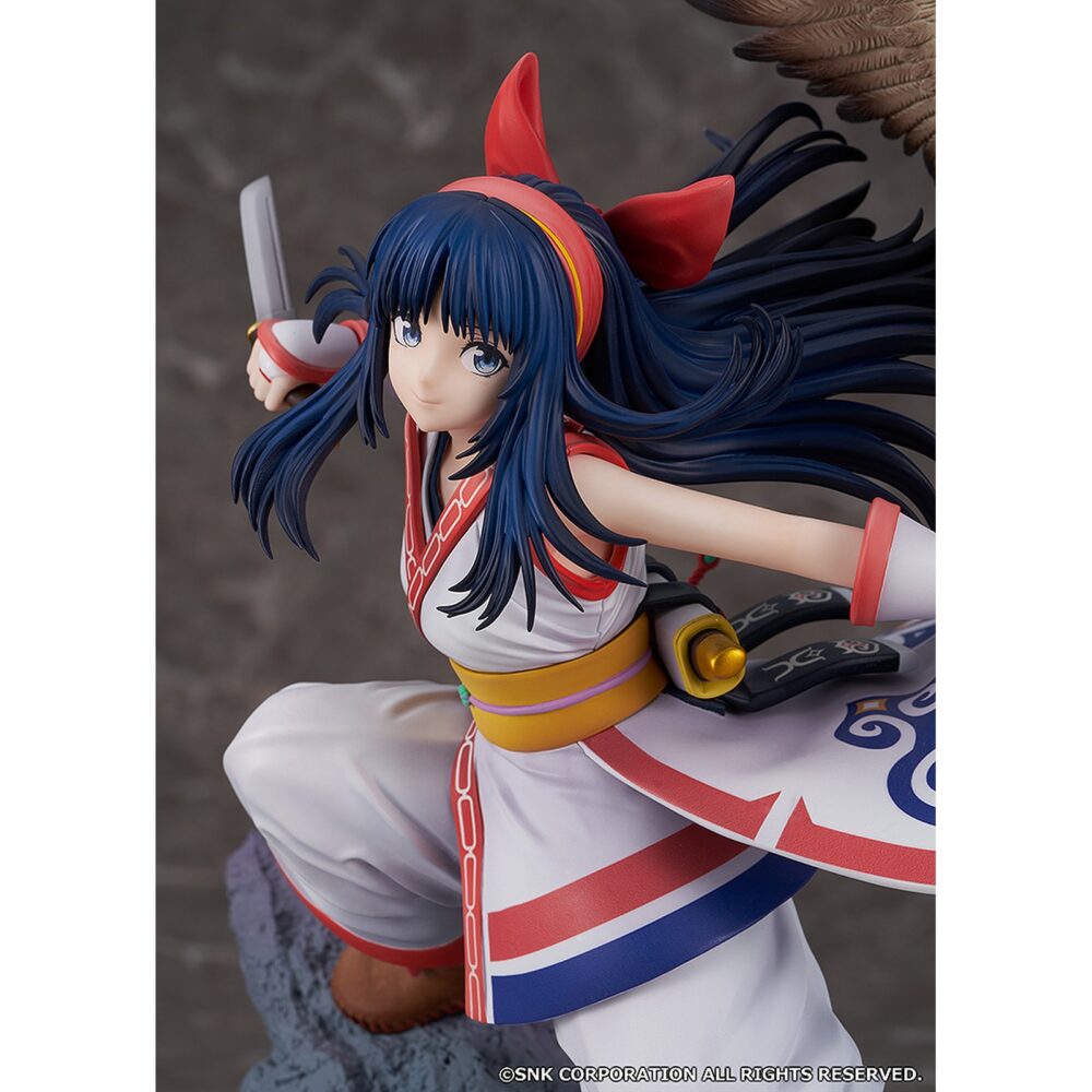 Nakoruru samurai spirits 1/7. Proof presenta la estatua de nakoruru basada en dicha luchadora de la saga "samurai shodown", concretamente en el aspecto que luce en el videojuego de 2019. Tiene una altura de 29,5 cm a escala 1/7. La guerrera kamubi se muestra blandiendo su espada, chichi-ushi, sobre una base rocosa junto a su compañero halcón mamahaha. Está fabricada en pvc y abs.