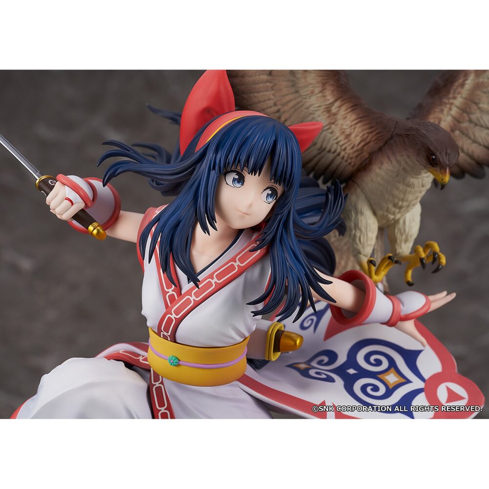Nakoruru samurai spirits 1/7. Proof presenta la estatua de nakoruru basada en dicha luchadora de la saga "samurai shodown", concretamente en el aspecto que luce en el videojuego de 2019. Tiene una altura de 29,5 cm a escala 1/7. La guerrera kamubi se muestra blandiendo su espada, chichi-ushi, sobre una base rocosa junto a su compañero halcón mamahaha. Está fabricada en pvc y abs.