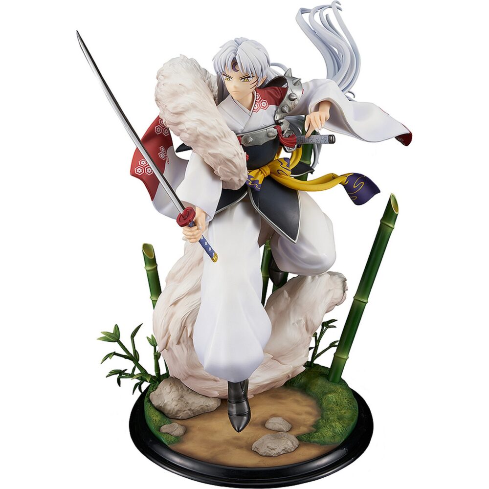 Sesshomaru inuyasha 1/7. La estatua de sesshomaru basada en su apariencia en el anime "inuyasha" se incorpora a la línea de productos de proof. Tiene una altura de 35 cm a escala 1/7 e incluye piezas intercambiables para el brazo izquierdo y el tokijin.   se muestra blandiendo la tenseiga y cuenta con unos magníficos detalles. Está expuesta sobre una base circular decorada con bambú. Fabricada en pvc y abs.