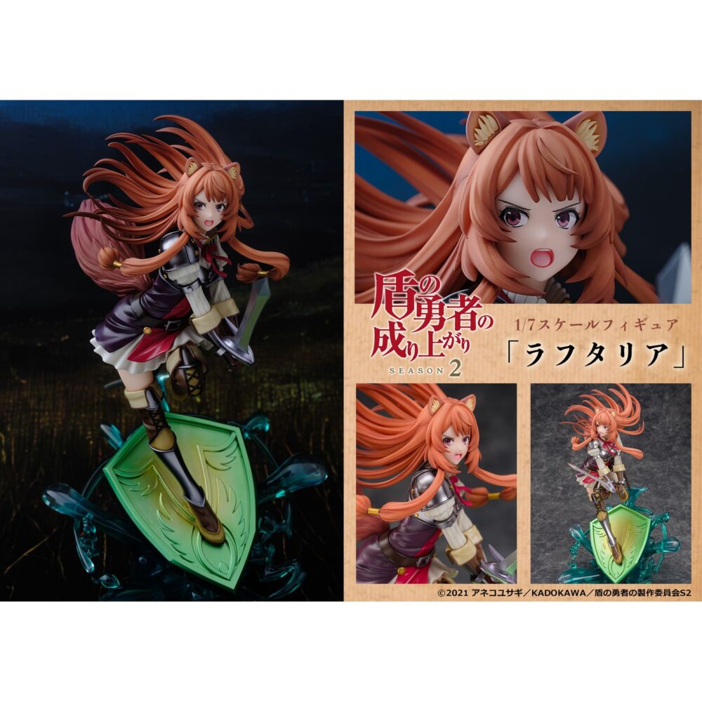 Raphtalia the rising of the shield hero 1/7. Proof presenta la figura a escala 1/7 de raphtalia, inspirada en la 2ª temporada del anime "the rising of the shield hero". Esta heroína se presenta en posición de ataque con su vestimenta de batalla, sobre una base en forma de escudo sobre salpicaduras de agua. Mide aproximadamente 27 cm y está fabricada en pvc.