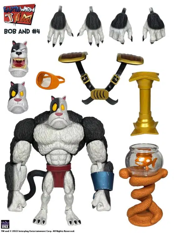 Eartworm jim figura wave 1: bob the killer goldfish & 4 15 cm.   ¡vayan y destruyan! ¡destruid! ¡destruye! El megalómano gobernante de la planeta de agua, bob el pez asesino, ¡ha llegado! A bob le acompaña en su búsqueda de la dominación universal su esbirro favorito de los 7 gatos, ¡el enorme #4!