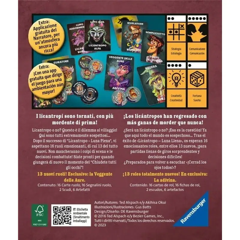 Licantropo - prima luce jdm. Nuevos papeles. Nuevos lobos. Nuevas elecciones. En este juego adopta un papel secreto y trabaja en equipo para descubrir a los hombres lobo... O, si eres un hombre lobo, evita que te descubran! Cada jugador tiene un papel con habilidades especiales: lobo alfa, investigador paranormal, aprendiz de vidente, lobo soñador y más.   un juego de cartas rápido y emocionante que nos trae un montón de nuevos personajes únicos con los que disfrutar como nunca a las partidas de hombre lobo. ¡los licántropos han regresado con más ganas de morder que nunca! ¿sera un licántropo o no? ¡esa es la cuestión! Ya que aquí todo el mundo es sospechoso, tras el éxito de licántropo luna llena, os esperan 16 emocionantes roles, entre ellos 13 nuevos, para partidas llenas de giros sorprendentes y decisiones difíciles. ¿preparados para volver a escuchar eso de “llega la noche, cerrad los ojos”? En licántropo, cada jugador tomará el papel de un aldeano, un hombre lobo o un personaje especial. Deberéis adivinar quienes son los hombres lobo y matar al menos uno si deseáis ganar… ¡a no ser que os hayáis transformado en hombre lobo! En una única mañana, tu pueblo va a tener que decidir quién es un hombre lobo… ¡porqué lo único que necesitáis es encontrar a un hombre lobo para ganar! Licántropo: prima luce es tan rápido, divertido y adictivo, que querréis jugar una y otra vez, y es que no habrá nunca dos partidas iguales, ¡y además podrás bajar una app gratuita para guiar tus partidas!