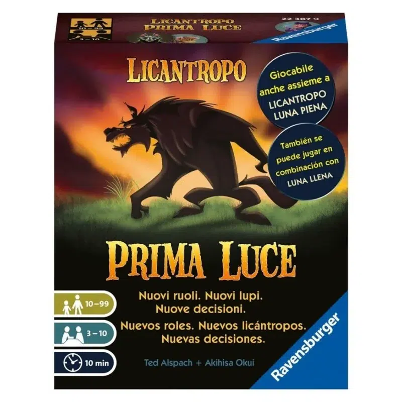 Licantropo - prima luce jdm. Nuevos papeles. Nuevos lobos. Nuevas elecciones. En este juego adopta un papel secreto y trabaja en equipo para descubrir a los hombres lobo... O, si eres un hombre lobo, evita que te descubran! Cada jugador tiene un papel con habilidades especiales: lobo alfa, investigador paranormal, aprendiz de vidente, lobo soñador y más.   un juego de cartas rápido y emocionante que nos trae un montón de nuevos personajes únicos con los que disfrutar como nunca a las partidas de hombre lobo. ¡los licántropos han regresado con más ganas de morder que nunca! ¿sera un licántropo o no? ¡esa es la cuestión! Ya que aquí todo el mundo es sospechoso, tras el éxito de licántropo luna llena, os esperan 16 emocionantes roles, entre ellos 13 nuevos, para partidas llenas de giros sorprendentes y decisiones difíciles. ¿preparados para volver a escuchar eso de “llega la noche, cerrad los ojos”? En licántropo, cada jugador tomará el papel de un aldeano, un hombre lobo o un personaje especial. Deberéis adivinar quienes son los hombres lobo y matar al menos uno si deseáis ganar… ¡a no ser que os hayáis transformado en hombre lobo! En una única mañana, tu pueblo va a tener que decidir quién es un hombre lobo… ¡porqué lo único que necesitáis es encontrar a un hombre lobo para ganar! Licántropo: prima luce es tan rápido, divertido y adictivo, que querréis jugar una y otra vez, y es que no habrá nunca dos partidas iguales, ¡y además podrás bajar una app gratuita para guiar tus partidas!