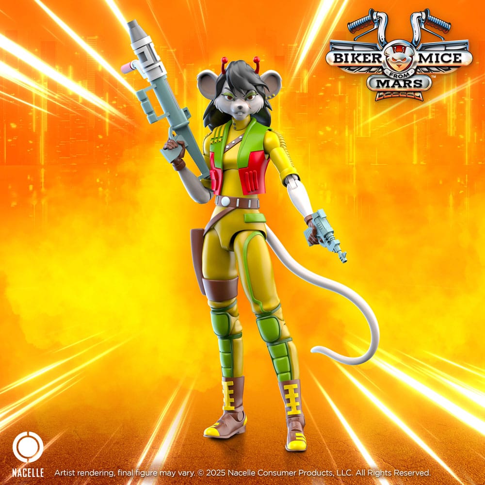 Carbine biker mice from mars. Carabina, la tenaz y resiliente general del ejército marciano, lidera la carga contra los malvados invasores plutarkianos. A pesar de trabajar para el gobierno marciano, también es una aliada de larga data de los luchadores por la libertad y los ratones motoristas, en particular de throttle, con quien comparte una compleja relación intermitente. Ya sea a través de operaciones oficiales o encubiertas, su férrea lealtad a marte la impulsa a luchar incansablemente por restaurar los antaño exuberantes paisajes del planeta, donde los murciélagos ardilla marcianos pastaban en armonía con vibrantes plantas de semillas rosas. Los motoratones de marte, también conocidos como "biker mice from mars", es un emocionante viaje interplanetario lleno de aventura, velocidad y diversión. Esta serie animada, que debutó en la década de 1990, presenta a tres ratones intrépidos y motorizados que han dejado una marca indeleble en la cultura pop.