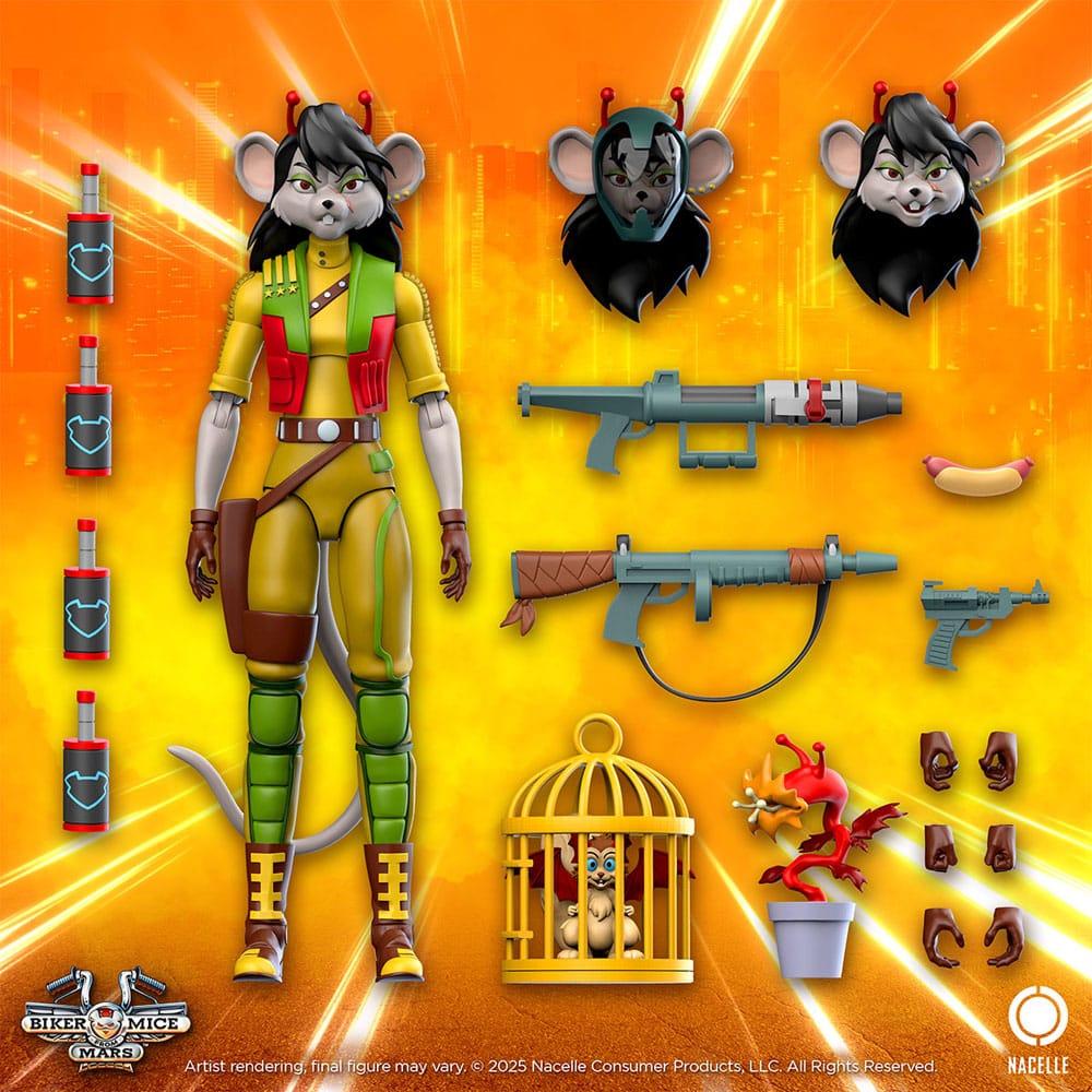 Carbine biker mice from mars. Carabina, la tenaz y resiliente general del ejército marciano, lidera la carga contra los malvados invasores plutarkianos. A pesar de trabajar para el gobierno marciano, también es una aliada de larga data de los luchadores por la libertad y los ratones motoristas, en particular de throttle, con quien comparte una compleja relación intermitente. Ya sea a través de operaciones oficiales o encubiertas, su férrea lealtad a marte la impulsa a luchar incansablemente por restaurar los antaño exuberantes paisajes del planeta, donde los murciélagos ardilla marcianos pastaban en armonía con vibrantes plantas de semillas rosas. Los motoratones de marte, también conocidos como "biker mice from mars", es un emocionante viaje interplanetario lleno de aventura, velocidad y diversión. Esta serie animada, que debutó en la década de 1990, presenta a tres ratones intrépidos y motorizados que han dejado una marca indeleble en la cultura pop.