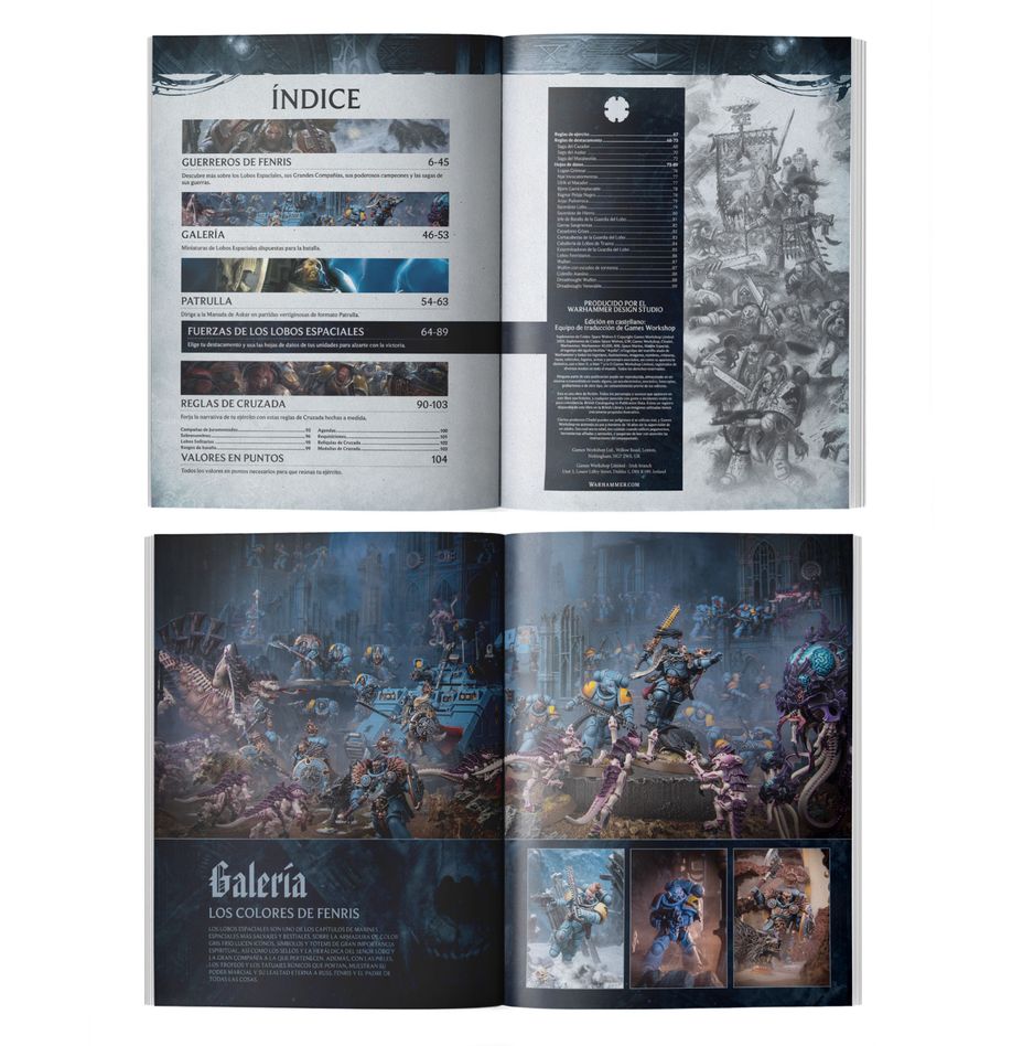 Codex supplement: space wolves (español). Los lobos espaciales son marines espaciales especialmente singulares. Oriundos del gélido mundo letal de fenris, se aferran a las tradiciones tribales de su hogar, entrando en combate ataviados con tótems chamánicos y pergaminos rúnicos. Sus grandes compañías viajan sin cesar por el mar de estrellas en pos de aventuras y gloria y buscando honrar su promesa de defender el imperium. De naturaleza salvaje, los lobos espaciales luchan con furia animal y astucia lupina. El suplemento de codex: space wolves es un libro esencial para los fieros coleccionistas de los hijos de russ. Este brutal libro está repleto de agresivas ilustraciones, legendario material de trasfondo, épicas fotografías y las reglas que necesitas para convertir en polvo a tus enemigos en warhammer 40,000. Dentro encontrarás hojas de datos, destacamentos, reglas para el formato narrativo cruzada y una sección independiente de patrulla para jugar partidas tácticas y disputadas con tu colección. No importa cómo te guste coleccionar, pintar y jugar con tus lobos espaciales: este libro te ayudará a agrandar su leyenda.