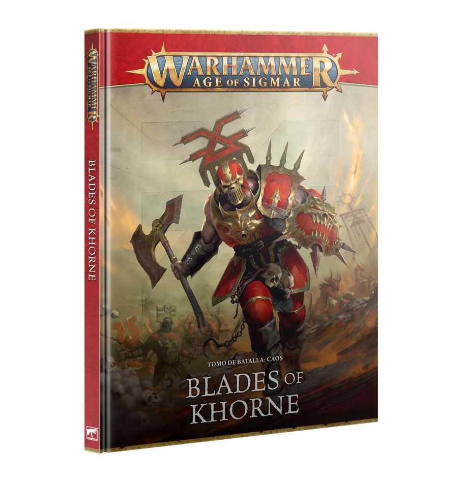 Chaos battletome: blades of khorne (español) warhammer age of sigmar.   los filos de khorne creen en la catarsis de la furia y el poder de la violencia. Estos adoradores de los dioses del caos mas iracundos renuncian a todo vestigio de cordura y nobleza en pro de derramar sangre y ofrendar masacres a su maestro. Los ejércitos del dios de la guerra solo ansían hacer arder los reinos y provocar masacres entre las cenizas. La furia se ha apoderado de ellos y los ha convertido en armas vivientes. Pocos pueden derrotar en combate a estos campeones asesinos, bendecidos con el oscuro favor de su dios mientras la sangre siga fluyendo. El tomo de batalla caos: blades of khorne es un libro esencial para coleccionistas y jugadores que quieran reclamar cráneos en los reinos mortales. Este sangriento tomo está repleto de perturbadoras ilustraciones, descarnado material de trasfondo y las reglas que necesitarás para hacer ofrendas al dios de la sangre. Dentro encontrarás hojas de unidad, regimientos y ejércitos de renombre, reglas de sendero a la gloria y yunque de la apoteosis, y una sección independiente de punta de lanza que te ayudará a jugar disputadas partidas tácticas con tu colección. Este libro será tu guía para recorrer los reinos mortales dejando un sendero de muerte a tu paso, sea cual sea tu forma de coleccionar, pintar y jugar con los filos de khorne.