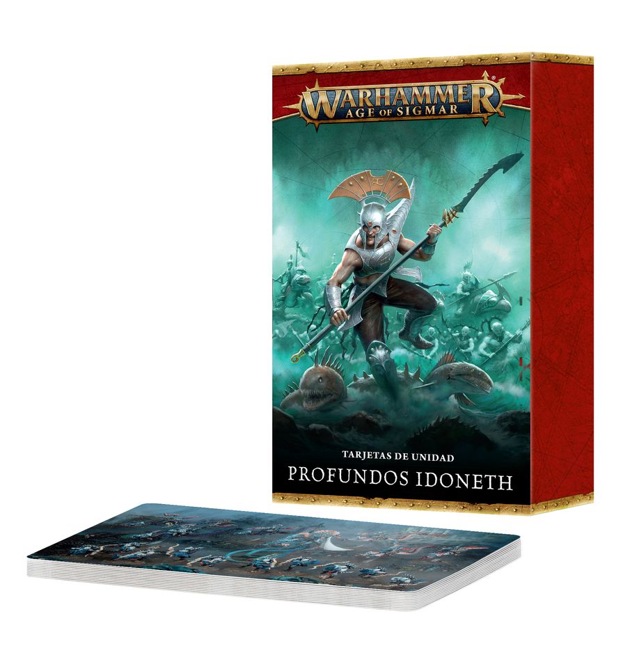 Warscroll cards: idoneth deepkin (español) warhammer age of sigmar. Los profundos idoneth marchan a la guerra con una potente mezcla de guerreros, desde rápida caballería a lomos de anguilas a siervos ciegos que marchan hacia la luz mágica de las almas frescas. Al combinarlos forman un ejército temible que no lucha por territorio ni gloria, sino por su pura supervivencia, y la única forma de garantizarla es con una fecunda cosecha de almas. Este set de 27 tarjetas te ayudará a llevar un seguimiento de tus profundos idoneth en partidas de warhammer age of sigmar. Hay tarjetas de unidad individuales para cada unidad, elemento de terreno de facción y manifestación de facción, con sus perfiles, equipo, opciones y habilidades especiales. Son la forma ideal de comprobar fácilmente la información clave en el fragor de la batalla. También encontrarás tarjetas de unidad especiales para partidas de punta de lanza.