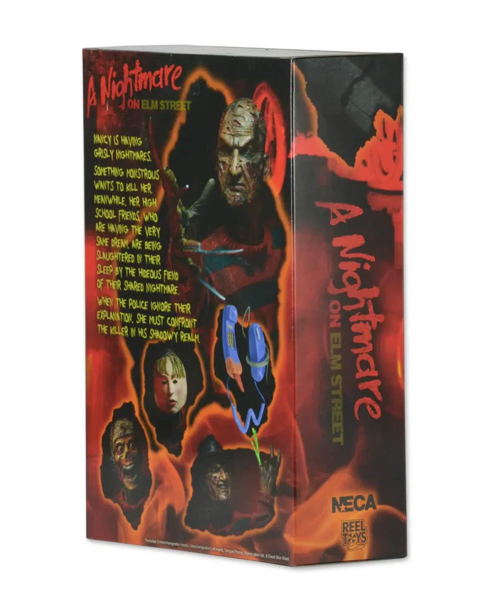 Ultimate freddy krueger a nightmare on elm street 30th anniversary. Neca presenta la versión definitiva de freddy como apareció por primera vez en el clásico de 1984. Freddy mide casi 7″ y cuenta con una parte inferior del cuerpo totalmente articulada con muslos y rodillas articulados. La figura viene con 3 cabezas intercambiables, incluyendo la boca cerrada, boca abierta mueca, y la cara del cráneo. Cuenta con una mano izquierda intercambiable con 2 dedos cortados e incluye una máscara de piel muerta, un teléfono con lengua y su fiel fedora. Cargada de características, detalles y articulaciones, ¡esta es la figura de freddy que hay que tener! Embalaje de coleccionista en caja con ventana y solapa de apertura.