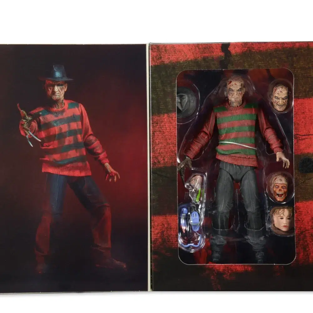 Ultimate freddy krueger a nightmare on elm street 30th anniversary. Neca presenta la versión definitiva de freddy como apareció por primera vez en el clásico de 1984. Freddy mide casi 7″ y cuenta con una parte inferior del cuerpo totalmente articulada con muslos y rodillas articulados. La figura viene con 3 cabezas intercambiables, incluyendo la boca cerrada, boca abierta mueca, y la cara del cráneo. Cuenta con una mano izquierda intercambiable con 2 dedos cortados e incluye una máscara de piel muerta, un teléfono con lengua y su fiel fedora. Cargada de características, detalles y articulaciones, ¡esta es la figura de freddy que hay que tener! Embalaje de coleccionista en caja con ventana y solapa de apertura.