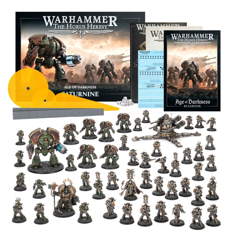 Saturnine warhammer: the horus heresy (inglés). Solo en inglés. The galaxy burns! Warmaster horus has betrayed the emperor and plunged the imperium into civil war! An age of darkness has descended upon the galaxy. It is a war of brother against brother, space marine against space marine, which has seen the might of the imperium's vast armies turned upon itself in a cataclysm of fire and blood. In warhammer: the horus heresy, you will pit mighty armies of superhuman warriors against each other in apocalyptic tabletop battles. Choose your favoured legion – from the knightly dark angels to the duplicitous alpha legion – build your own army from a range of spectacular miniatures, and clash with fellow players in wargames of staggering tactical depth. The tale of the horus heresy is the bedrock of warhammer 40,000's rich history, and this boxed set is the ideal first step to joining the epic conflicts that reshaped the galaxy. The warhammer: the horus heresy – saturnine boxed set contains a treasure trove of content, including a rulebook detailing the lore and background of the galaxy-shaking civil war, gorgeous photography and art, and the core rules you need to play the game. The box also contains 50 plastic miniatures – including an imposing saturnine dreadnought and a host of mkii "crusade" armoured space marines – allowing you to build two opposing forces for out-of-the-box play, or begin building a legion force all your own. Alongside all of this, you'll get game accessories and rules reference materials to immerse yourself in the worlds of the age of darkness. Whether you prefer building, painting, in-depth narrative play, or balanced matched play, this box will support your journey through the 31st millennium.