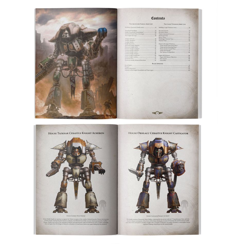 Liber questoris: knights and titans army book (inglés) warhammer. Solo en inglés. The ultimate engines of war in the imperium during the horus heresy are battle titans and knights, huge machines capable of levelling cities and obliterating entire armies. Sworn to the service of the hosts of the great crusade by binding oaths, the warriors who pilot these towering war engines follow their allies into the fires of the horus heresy. This book is an essential guide for anyone who wants to command titans and knights in games of warhammer: the horus heresy. It contains the rules you need to field the various deadly and esoteric machines and troops of the questoris familia and legio titanicus, whether they are loyal to the emperor or the warmaster. It includes detachments, wargear, and special rules which make these war machines a unique force on the tabletop.