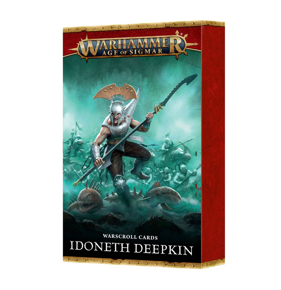 Warscroll cards: idoneth deepkin (inglés) warhammer age of sigmar. Solo en inglés. The idoneth deepkin go to war with a potent mix of warriors, from eel-riding rapid cavalry to sightless thralls that march towards the magical light of fresh souls. When combined, they are a terrifying army to face – they fight not for territory, nor glory, but for their very survival, and harvesting souls is their only path to victory. This set of 27 cards will help you keep track of your idoneth deepkin in games of warhammer age of sigmar. There are individual warscroll cards for each unit, faction terrain feature, and faction-specific manifestation – detailing their profiles, wargear, options, and special abilities. They are an ideal way to easily check key information in the heat of battle. You'll also find special warscroll cards for use in spearhead games.