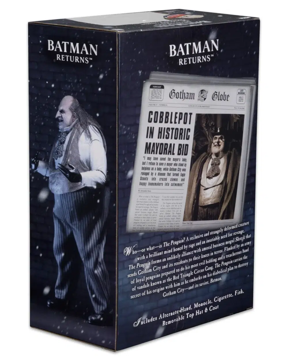 Figura articulada en escala 1/4 de la película ´batman vuelve´, tamaño aprox. 38 cm. Esta temporada electoral, ¡vota a oswald cobblepot para alcalde! Esta versión del pingüino de batman returns está lista para arrasar en la campaña electoral. La figura de acción a escala 1/4 cuenta con el parecido del actor danny devito, cuya memorable interpretación del retorcido oswald cobblepot en la película de 1992 sigue definiendo al personaje. La figura, que se puede posar completamente, mide 15" y tiene pelo sintético y un esculpido idéntico al de la película. El pingüino viene con un abrigo de tela totalmente nuevo y desmontable, un sombrero de copa desmontable, un minicartel «cobblepot for mayor», un monóculo, un cigarrillo en una boquilla y accesorios de pescado a medio comer. Cargada de extraordinarios detalles, ¡esta figura es imprescindible para los fans de batman!
