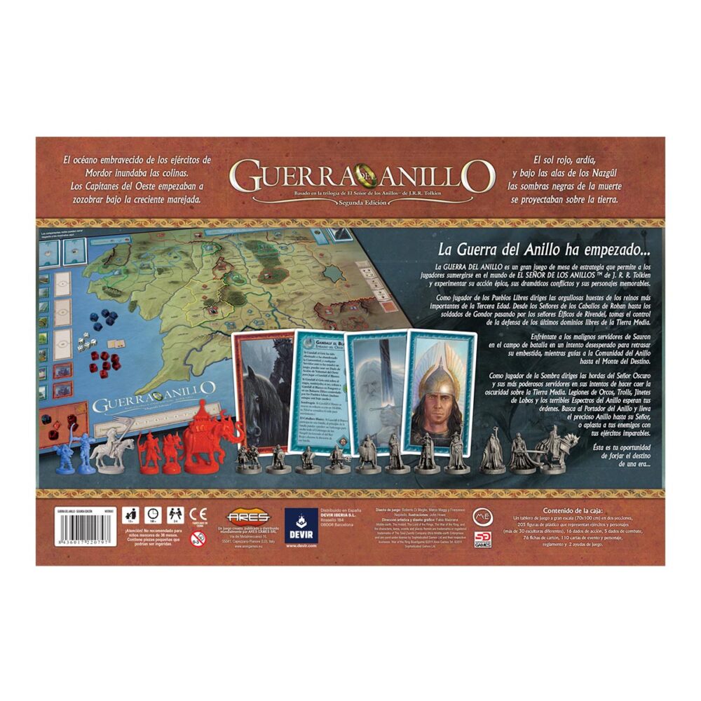 Guerra del anillo. Guerra del anillo es un aclamado juego de estrategia competitivo para 2-4 personas, diseñado por roberto di meglio, marco maggi y francesco nepitello, que permite a sus jugadores sumergirse en el fantástico mundo de el señor de los anillos de j. R. R. Tolkien y experimentar su acción épica, conflicto dramático y personajes memorables. Como jugador de los pueblos libres, estás al mando de las orgullosas huestes de los reinos más importantes de la tercera edad. Desde los señores de los caballos de rohan hasta los soldados de gondor y los señores elfos de rivendel, lideras la defensa de los últimos reinos libres de la tierra media. Enfréntate a los malvados esbirros de sauron en el campo de batalla en un intento desesperado por retrasar su ataque, mientras conduces a la comunidad del anillo en la misión al monte del destino.
