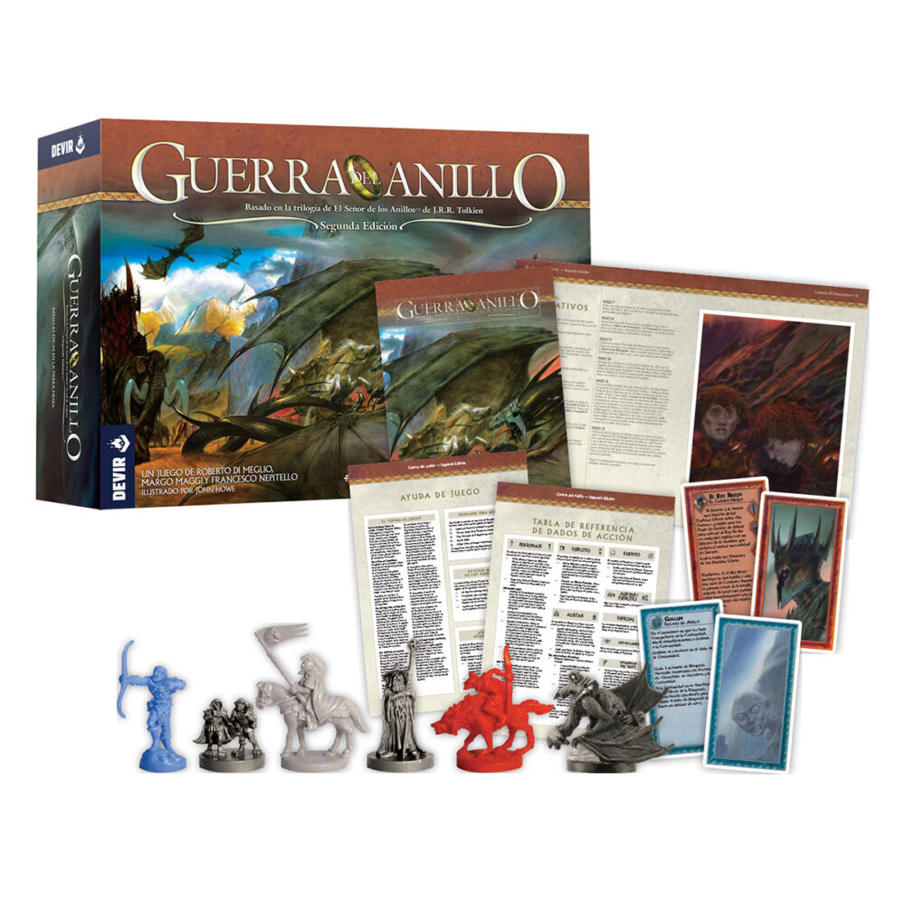Guerra del anillo. Guerra del anillo es un aclamado juego de estrategia competitivo para 2-4 personas, diseñado por roberto di meglio, marco maggi y francesco nepitello, que permite a sus jugadores sumergirse en el fantástico mundo de el señor de los anillos de j. R. R. Tolkien y experimentar su acción épica, conflicto dramático y personajes memorables. Como jugador de los pueblos libres, estás al mando de las orgullosas huestes de los reinos más importantes de la tercera edad. Desde los señores de los caballos de rohan hasta los soldados de gondor y los señores elfos de rivendel, lideras la defensa de los últimos reinos libres de la tierra media. Enfréntate a los malvados esbirros de sauron en el campo de batalla en un intento desesperado por retrasar su ataque, mientras conduces a la comunidad del anillo en la misión al monte del destino.