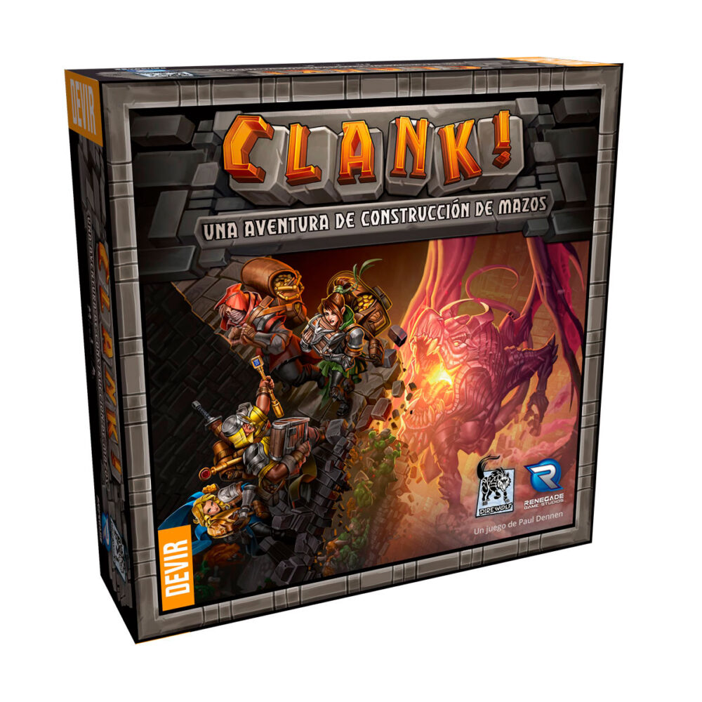 Clank!. Diseñado por paul dennen e ilustrado por rayph beisner, raul ramos y nate storm en 2016, combina de una forma innovadora las mecánicas de construcción de mazos con movimientos en un tablero. Es un juego donde tendremos que saquear la guarida de un dragón antes de que despierte, se ponga de mal humor y devore a los aventureros. Entra y consigue escapar con tesoros inimaginables. Clank!  es el próximo paso en tu aventura de juegos de mesa, combinando sencillamente la exploración de calabozos con la construcción de mazos con una mezcla innovadora de mecánicas. Aventúrate dentro de la mazmorra en la que un dragón guarda su tesoro, pero intenta no hacer mucho ruido, ya que ninguno de los hasta 4 aventureros que van en búsqueda de tesoros inimaginables quiere que el dracónico guardián despierte y los convierta en su almuerzo. Como en todos los juegos de construcción de mazos, cada aventurero comenzará con las mismas herramientas que los demás.