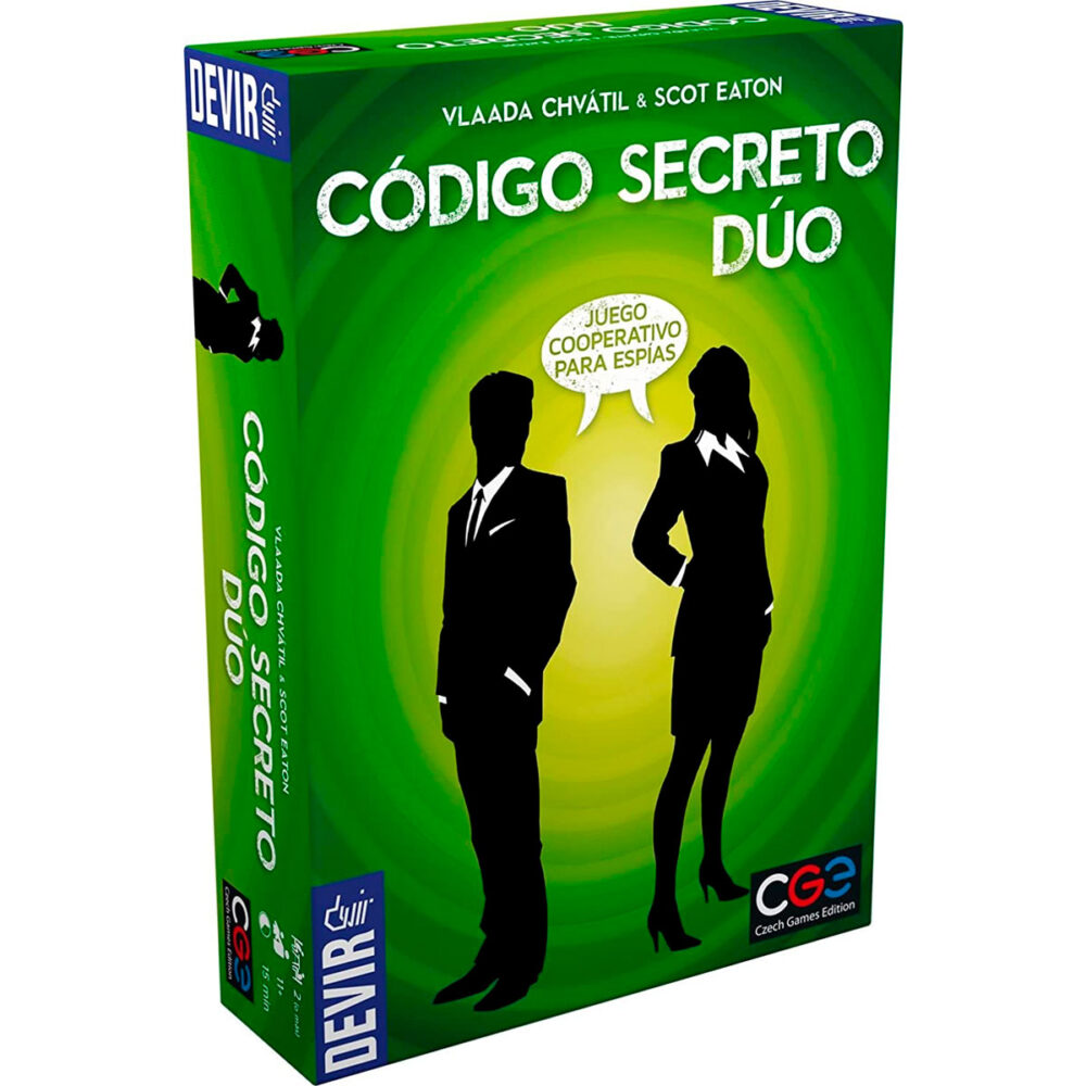 Codigo secreto: duo. Es un juego cooperativo para dos o más jugadores, donde se mezcla la intriga, el espionaje y las claves secretas. ¡ponte en la piel de un espía y juega contrarreloj para descubrir juntos a tus compañeros el código secreto! Este juego se basa en su hermano mayo, código secreto, aunque en formato cooperativo.  código secreto: dúo fue lanzado en el año 2017 y diseñado por el prestigioso vlaada chvátil (galaxy trucker, through the ages o mage knight). Permite partidas de 2 a 99 jugadores, con partidas de menos de 30 minutos de duración. ¿pero en qué se diferencia este código secreto: dúo respecto al juego original? Principalmente, es que el bueno de vlaada chvátil se las ha ingeniado para adaptar las mecánicas del famoso código secreto para convertirlo en un juego cooperativo.  aunque la esencia se mantiene, el juego adquiere una nueva dimensión gracias a la tensión que se genera. Y es que gracias al contador de tiempo, el juego se vuelve frenético. Disponemos de únicamente 9 turnos para adivinar los agentes. ¡los últimos turnos son una auténtica bomba de relojería a punto de explotar! En el modo de juegos para dos personas el nivel de dificultad es bastante alto, ya que es necesario tener una gran sintonía con el otro jugador: deberás ser capaz de entender como piensa y colaborar para desentrañar el misterio oculto tras el código secreto. Incluye un espectacular modo campaña, con ciertas condiciones de tiempo variables y aciertos que van cambiando en función de la partida. Como hemos dicho, dúo mantiene la misma dinámica donde debemos adivinar palabras ligando conceptos, a la vez que evitamos otras. Un jugador conoce la localización de 9 de los 15 agentes, y el otro jugador sabrá otros 9 (varios coincidirán, lógicamente). Siempre habrá tres asesinos en la mesa: esto es, palabras prohibidas que, si el otro jugador las elige, pierde la partida de forma inmediata ¡mucho cuidado con las pistas que vamos dando! Sin embargo, los asesinos no son iguales para todos los jugadores: puede ser que el que es agente para ti sea un asesino para tu compañero ¡añade confusión y caos a tus partidas! Código secreto: dúo es un estupendo juego que añade el modo cooperativo a la gran mecánica de palabras secretas del original. Mucha diversión y emoción en cada partida ¡y es ideal para jugar en pareja!